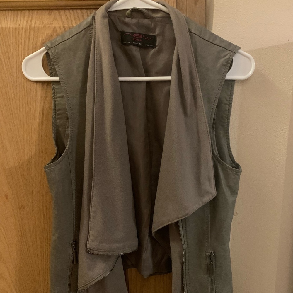 Army green faux leather zippered vest, size UK 12 or medium.